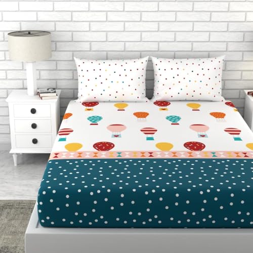 Image of LORETO - A QUALITY LINEN BRAND 144 TC 100% Pure Cotton Double /Queen Fitted Bedsheet with 2 Pillow Covers for 72 x 60 Inch Mattress, All-Around Elastic, 8 Inch Deep Pocket, Blue & Red Balloon