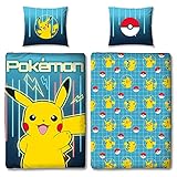 Familando Pokemon Bettwäsche-Set 135x200 cm + Kissen 80x80 cm · Pokémon Pikachu · Kinder-Bettwäsche 100% Baumwolle Linon · mit Reißverschluss