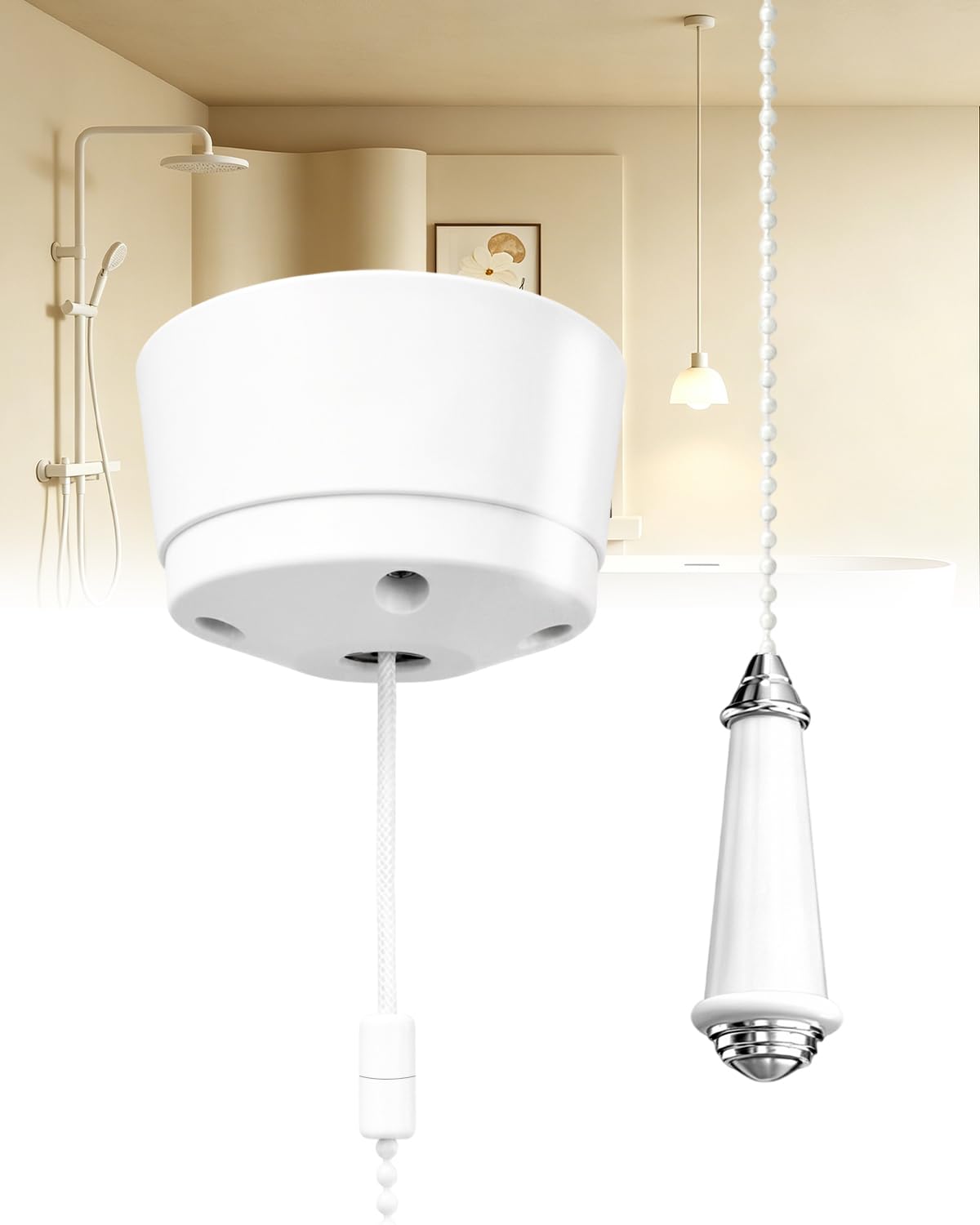 Bathroom Pull Cord Light Switch, 10AX Ceiling Mounted Pull Switch with Decorative Beaded Chain for Shower Toilet Damp Location, 1.5M White Pull Cord Switch for Ceiling Light & Pendant Fixtures