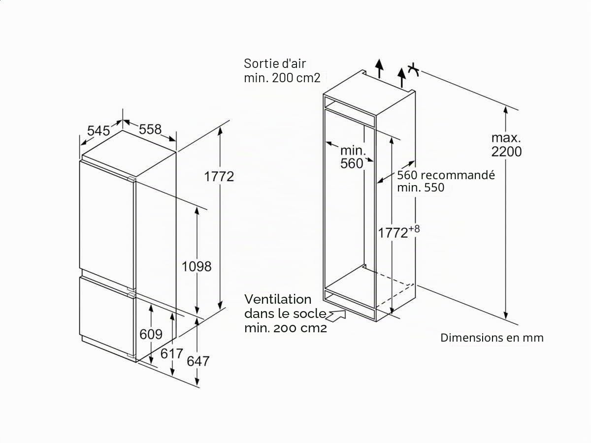 Siemens KI87SAF30 iQ500 Réfrigérateur-congélateur encastrable/A++ / Réfrigérateur : 211 L/Congélateur : 61 L/Éclairage LED/Technique de charnière plate