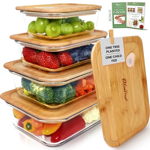 EcoPreps Glass Food Storage Containers with Bamboo Lids (4 Pack) - 100% Plastic Free, Eco-Friendly, Oven, Microwave Safe Meal Prep Container Set - Bamboo Lid Storage Container, Glass Lunch Containers