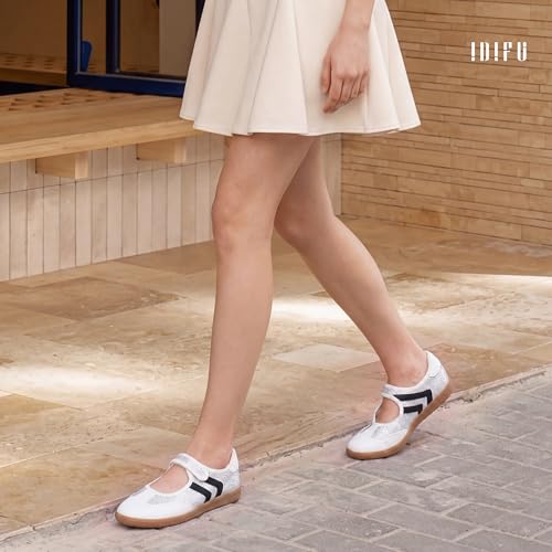 Image of IDIFU Mary Jane Sneakers for Women Retro Fashion Casual Ballet Flats | Lightweight Memory Foam Insole Non-Slip Hook and Loop Spring Tennis Walking Shoes