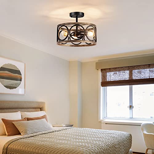 Tsmkledan 3-Light Semi Flush Mount Ceiling Light, 12.6'' Retro Metal Light Fixtures Ceiling Mount, Drum Shape Industrial Light Fixture For Kitchen Dining Room Living Room Hallway With E26 Base, Bronze #TOP7