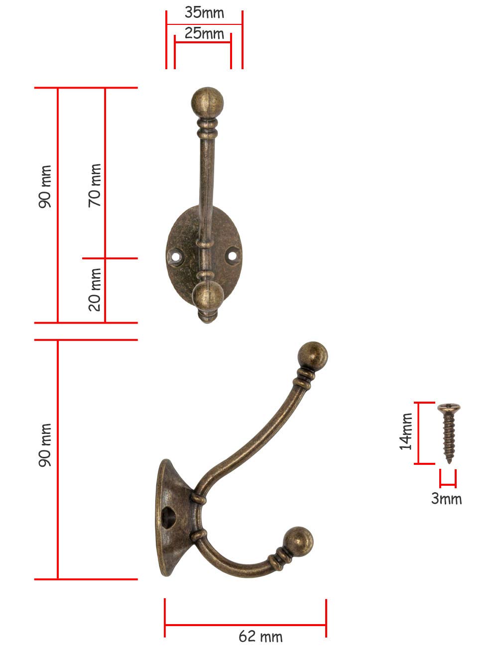 FUXXER® – antyczne wieszaki na ubrania, wieszaki na kapelusze, wieszaki na ręczniki, żelazne haczyki, haczyki ścienne, mosiądz z brązu, styl vintage dworkowy, 90 x 62 mm, zestaw 5 sztuk