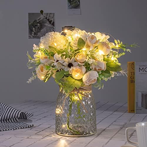 KELINGO Artificial LED White Rose Flowers with Glass Vase, Remote ...