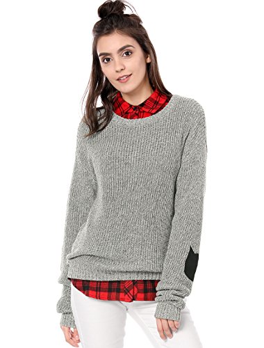 Allegra K Women's Elbow Patch Long Sleeve Cat Sweaters Drop Shoulder Pullover Jumper Medium Gray #TOP2