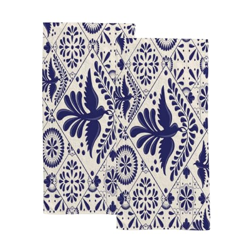 Hand Bath Towels for Bathroom Set of 2 Blue Beige Mexican Talavera Bird Pattern Shower Towel Water Absorbent Soft Microfiber Face Body Towel Kitchen Gym Spa Salon 30x15Inches