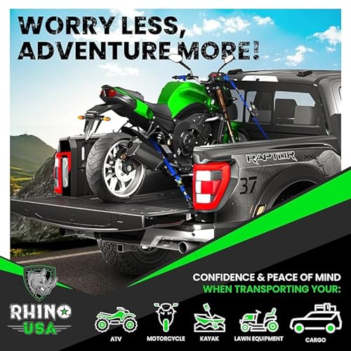 Image of Rhino USA Retractable Ratchet Straps (2-Pack) - 1 Inch x 10 Feet (1,209lb Break Strength) - Auto Self Retracting Tie Down Straps for Truck, Cargo Trailer, Motorcycle, ATV, UTV - Blue