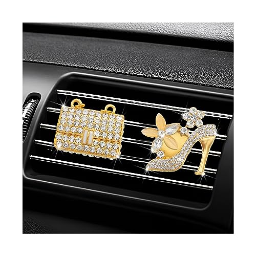 JNNJ 2 Piezas Clip De Ventilación Aromaterapia, Forma Corazón Cristal para Coche Clip, Cristal Coche Ambientador Difusor Perfume Clip, Interior Coche Decoración Accesorios(Bolsos/Tacones Dorados)