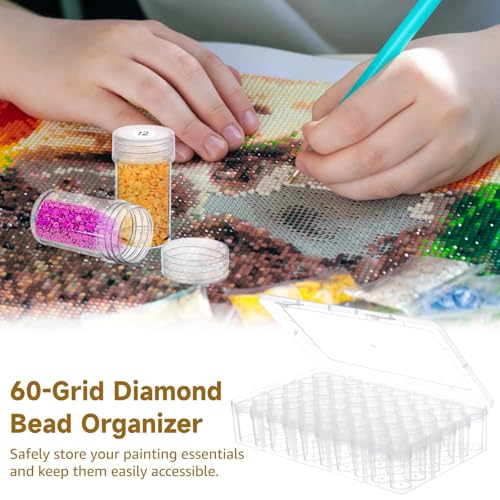 Image of Homaisson 60 Grids Bead Organizers, Diamond Art Bead Storage Containers, 60-Slot Round Jar Organizers with Label Stickers, Transparent, Nail Diamond Box Case for Small Accessories