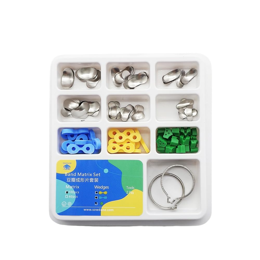 100 Pieces Stainless Steel Sectional Contoured Metal Dental Matrices Kit with 30 pcs Wedges, 0.035mm Thickness, Assorted Sizes Soft Metal Bands for Molar and Premolar Restorations