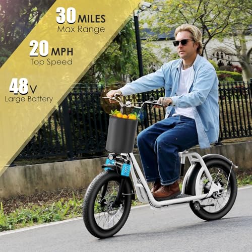 Caroma Electric Scooter with Seat for Adults, 800W Peak Motor, 20MPH & 30Miles Long Range, 20″ Fat Tire Commuter E-Scooter with Basket for Grocery, Pets, and Daily Commute