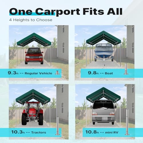 Image of ADVANCE OUTDOOR 10x15 ft Heavy Duty Carport Potable Car Canopy Garage Party Tent Boat Shelter, Adjustable Height from 9.5 ft to 11 ft, Green