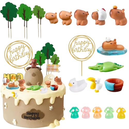 Mrltau 22 PCS Decoración de Cumpleaños de Capibara, Mini Decoración de Tarta de Capibara, Accesorios de Fiesta de Animales y Plantas Capibara, Figuras Capibara, Juguetes Capibara