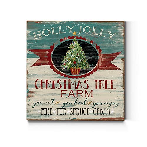 Renditions Gallery Holly Jolly Christmas Tree Farm Wall Art, Cute Winter Decor, Vintage Faux Wood Look, Festive, Premium Gallery Wrapped Canvas, Ready to Hang, 10 in H x 10 in W, Made in America