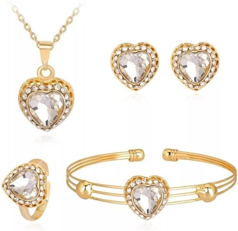 SYOSI Love Heart Jewellery Set Pendant Necklace Earrings Ring And Bracelet 4 Piece Beautiful Rhinestones Pendant Necklace Elegant Chic Wedding Banquet Jewelry Set