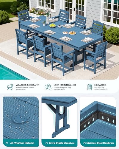 Image of SERWALL Outdoor 84 inch HDPE Dining Table with Umbrella Hole for 6-8, Blue | 9-piece HDPE 84 inch dining table, Ideal for Outdoor Gathering