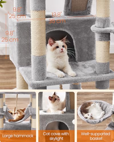 Image of Feandrea Cat Tree, 66.1-Inch Large Cat Tower, Multi-Level Plush Condo with 13 Scratching Posts, 2 Perches, 2 Caves, Basket, Hammock, Pompoms, Light Gray UPCT165W01