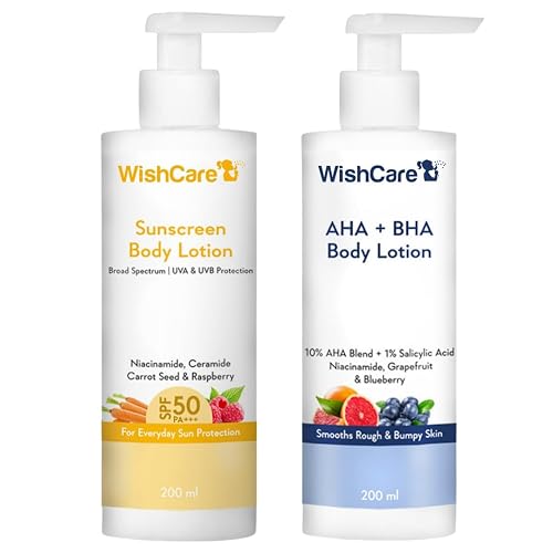 WishCare SPF 50 Sunscreen Body Lotion & AHA BHA Exfoliating Body Lotion Combo | Broad Spectrum UVA/UVB Protection with Gentle Chemical Exfoliation for Smooth, Hydrated & Even-Toned Skin | Pack of 2 (200ml each)