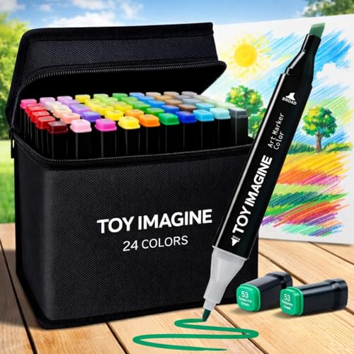 Image of Toy Imagine 24 Colorful Dual Tip Art Markers Sketch Pens with Carrying Case for Painting Sketching Calligraphy Drawing Fine & Chisel Tip Colour Markers for Kids Adults & Artists(24 Shades)