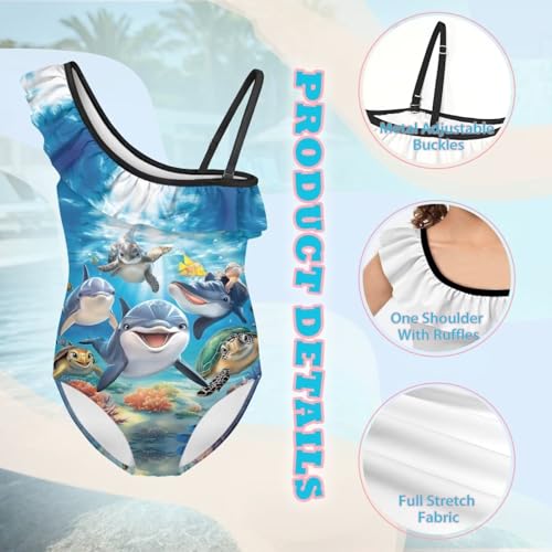 Image of Xpyiqun Swimsuits for Girls 3-14 1-Shoulder Ruffle Bathing Suit One Piece Adjustable Halter Swimming Wear