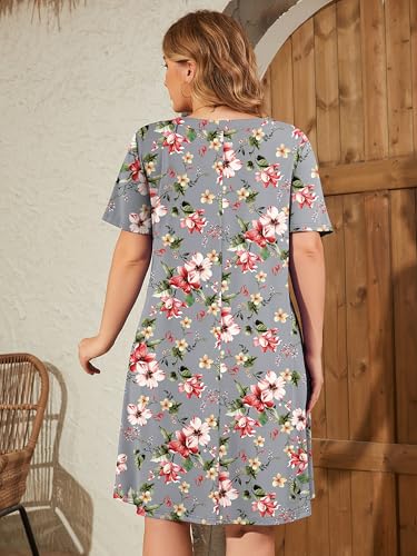 Image of AusLook Plus Size Midi Dress for Women V Neck Short Sleeve Summer Casual Loose Fit Vacation Sundress with Pockets 1X-5X