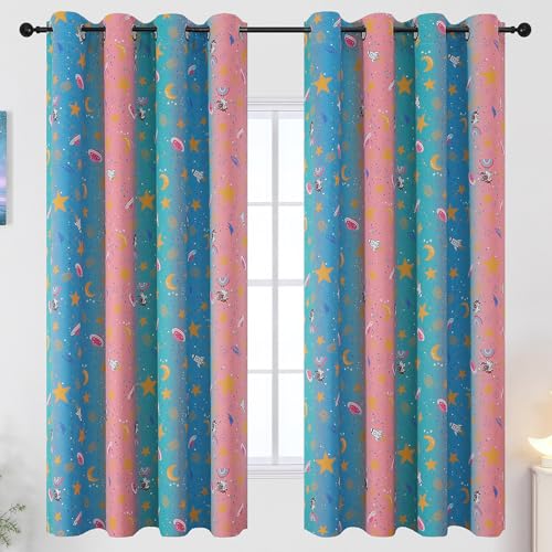 Image of Pink Teal and Blue Unicorn Room Darkening Curtains for Kids Bedroom,52Wx63L