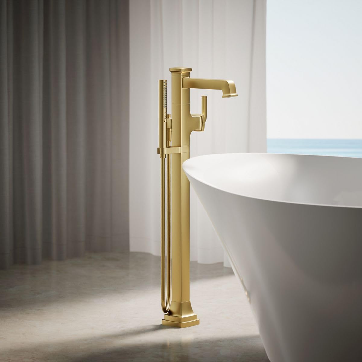 Kohler T27408-4-2MB Riff® Floor-mount bath filler trim with handshower, Vibrant Brushed Moderne Brass