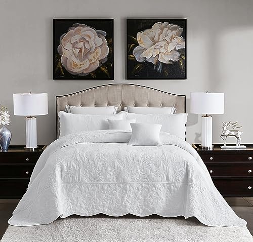 Image of Oversized Queen Bedspread, Stitched Paisley Cotton Quilt Set Queen, Lightweight Reversible Coverlet, Scalloped Edge - Clean Classic Look, 5 Piece, Pure White