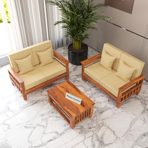 Image of Sheesham Wooden 4 Seater Sofa Set for Living Room | Rosewood Cushion Sofa with Side Newspaper Holder for Home & Office | Solid Wood Sofa Set for Lounge (Honey, 2+2 Seater)