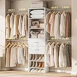 W2 Closet System with 2 Drawers, 3.5FT-7.7FT Closet Organizer System with 4 Chrome-Plated Telescopic Rods & 5 Adjustable Shelves, Custom Wood Walk-In Closet Clothing Rack, White