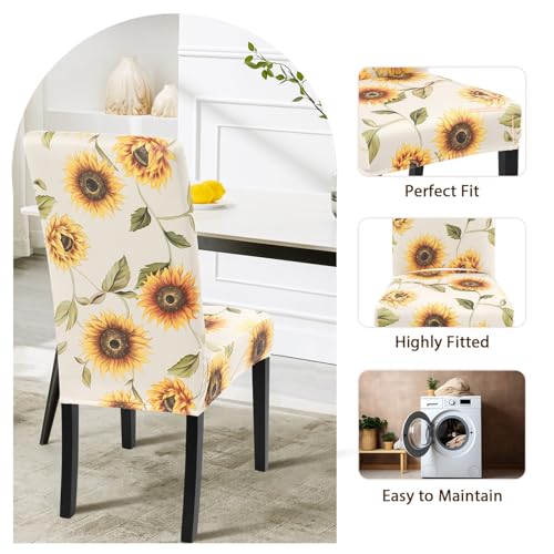 Image of SearchI Printed Dining Room Chair Covers Set of 4, Stretch Kitchen Chair Covers Washable Parsons Chair Slipcover Removable Dining Chair Protectors for Hotel,Ceremony(Sunflower)