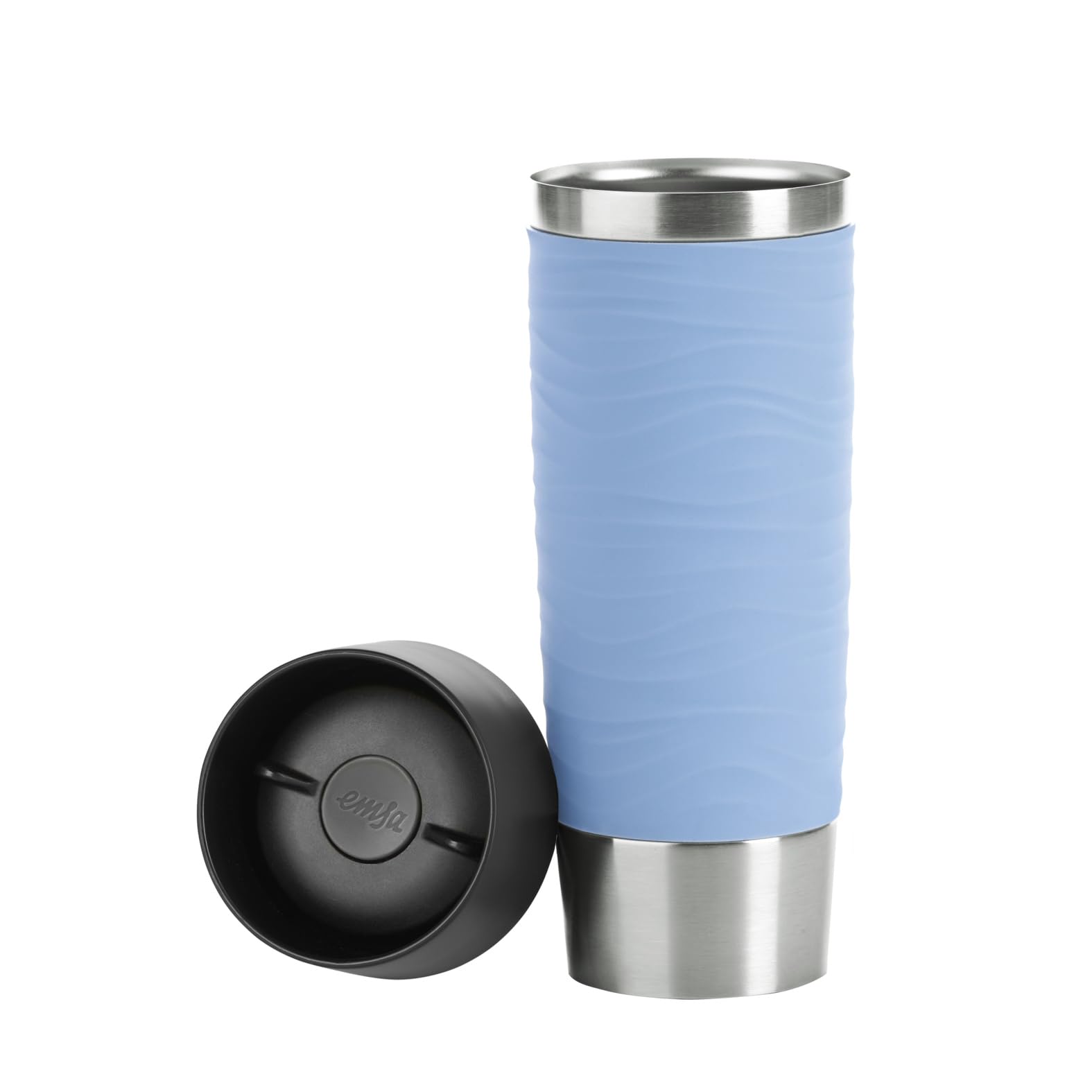 Emsa Travel Mug Waves Grande Isolierbecher N20121 | 0,5 L | bis zu 6h heiß und 12h kalt | 100% dichter Thermobecher | 360°-Trinköffnung | Quick-Press-Verschluss | Kaffee to Go | Puderblau