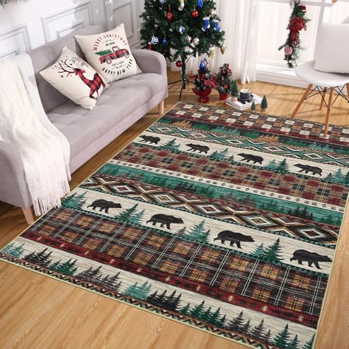 GlowSol Christmas Area Rug 4x6 Bedroom Rugs Machine Washable Rug Rustic Buffalo Xmas Rug Christmas Throw Rug Low Pile Carpet Xmas Non-Slip Farmhouse Rug for Bedroom Kitchen Entryway Entrance Rug