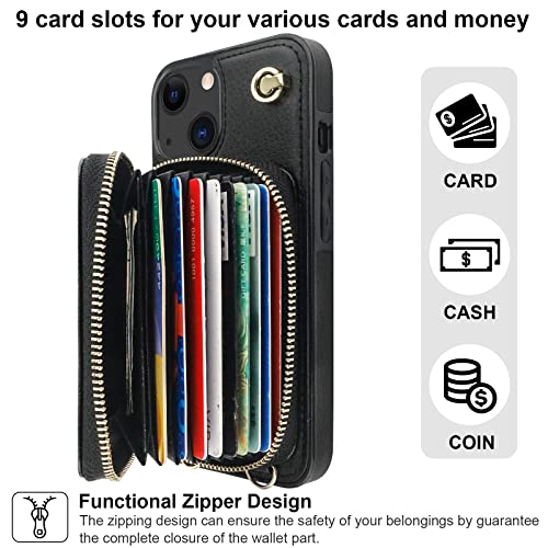 Bocasal Crossbody Wallet Case for iPhone 14 iPhone 13, RFID Blocking Leather Purse Case with Card Holder, Protective Handbag Flip Cover with Zipper Wrist Strap Lanyard for Women 5G 6.1 Inch (Black) by Bocasal - Image 4