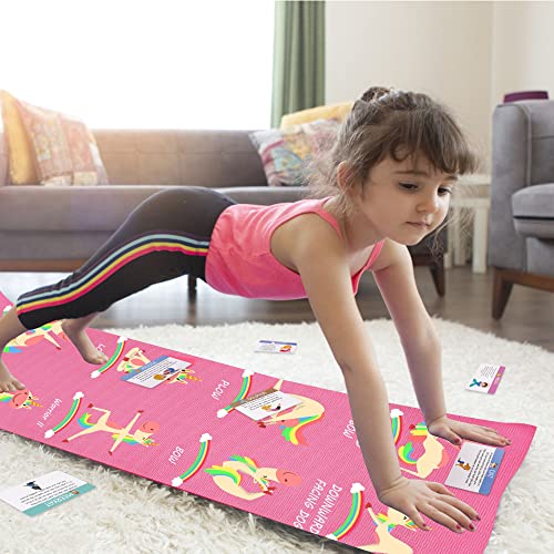Garybank Kids Yoga Mat With 12 Learning Cards Pink Unicorn Yoga Mat For Girls Non-Slip Non-Toxic Gymnastics Mats Yoga Carrier Bag, Thick Workout Equipment For Kids, 60''Lx 24''Wx 6Mm #TOP4