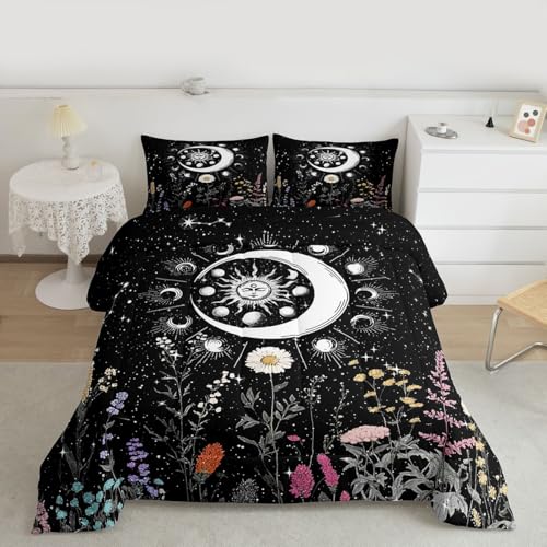 Image of Feelyou Sun and Moon Decor Bedding Set Twin Size Girl Bohemian Comforter Sets Kids Boys Boho Exotic Style Black and White Cute Galaxy Stars Comforter Botanical Floral Plant Quilt Set with 1 Pillowcase