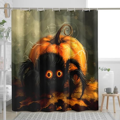 Tenda da doccia con ragno di Halloween, zucca scura horror, decorazione per il bagno, decorazione per il bagno autunnale, feste stagionali, set di tende con ganci, 183 x 183 cm
