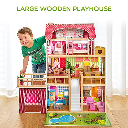 Green series Kinderplay Puppenhaus Holz Groß | Puppenvilla - Traumvilla | Kinder Dollhouse | Led - Licht und Zubehör | Set 90 cm Hoch mit Terrasse, Garage | Puppenhaus ab 2 Jahre | GS0020 – Bild 4