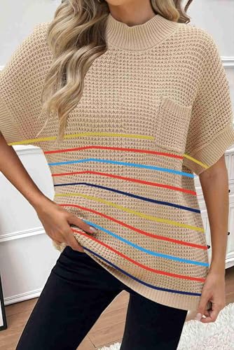 Image of Women 2026 Sweater Vest Mock Neck Batwing Short Sleeve Oversized Ribbed Knit Tops Fall Pullover Sweater S-XXL