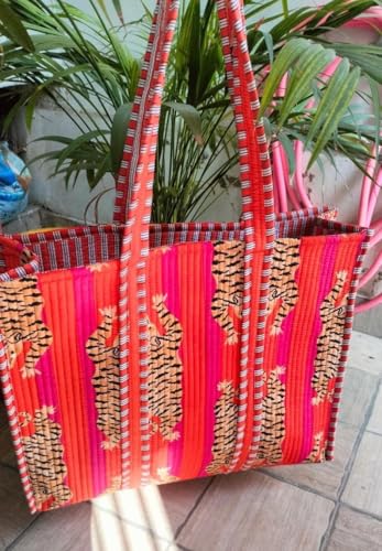 Image of YILLE Cotton Quilted Floral & Tiger Print Tote Bag, 18 x 18 inches For Grocery Shopping, Travel