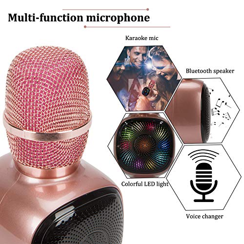 NINE CUBE Karaoke Microphone,3-in-1 Portable Wireless Bluetooth Karaoke Mic, Karaoke Player,Colorful LED Light, Gift for Friends and Kids, Compatible with All Smart Digital Products (Rose Gold) - Thumbnail 3