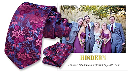 Image of HISDERN Extra Long Ties for Men Classic Floral Tie and Pocket Square Elegant Silk Necktie Handkerchief Set Wedding Party