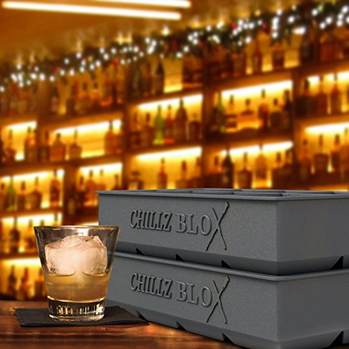 The Classic Kitchen Chillz Blox Large Ice Cube Tray Set for Whiskey - Silicone Ice Mold Maker - Each Tray Molds Eight 2 Inch Ice Cubes (2 Pack)