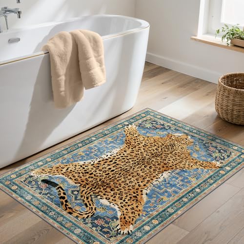 Tapete Leopardo Boho Azul 2x3 Pies Lavable a Máquina miniatura 3