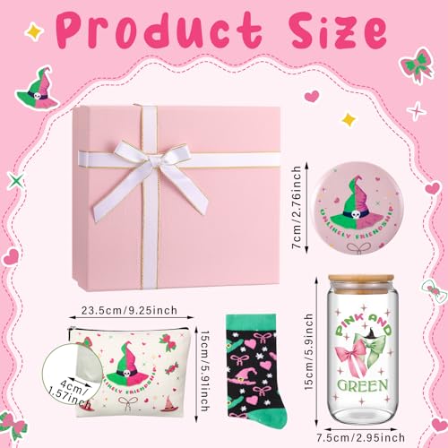 Kacctyen 5 Pcs Pink and Green Gift Set with Bow Glass Cup Socks Cosmetic Bag Mirror Box Pink and Green Themed Birthday Party Supplies Witch Stuff for Castle Fantasy Princess Witch Gifts2