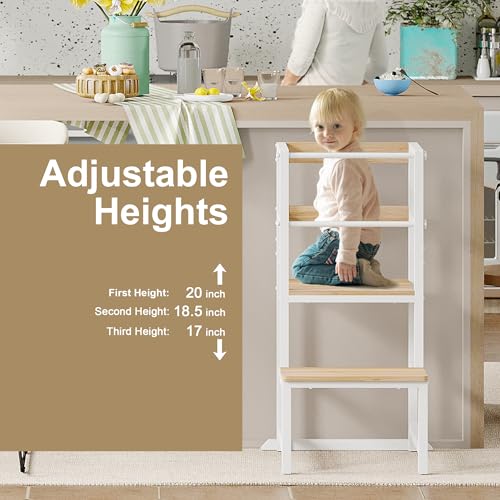 Image of INNOD Kitchen Step Stool for Toddlers, Height Adjustable Toddler Tower with Safety Rail, Steel and Wood Toddler Kitchen Stool Helper Kids, Stool for Kids, Learning Tower, Kids' Desk Wood White