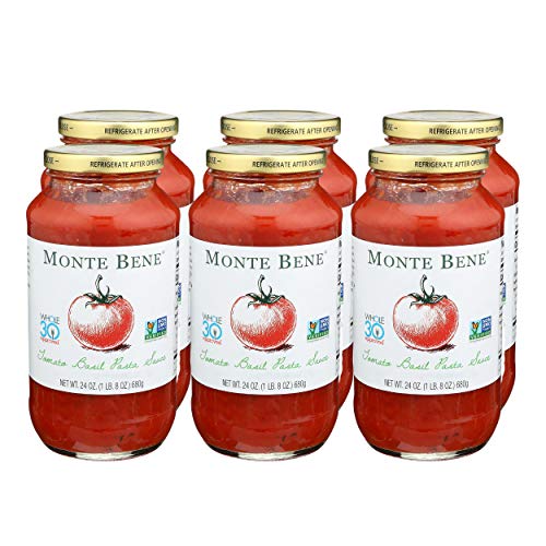 Monte Bene - Tomato Basil Pasta Sauce - 24oz (Pack of 6) - Non GMO, Whole 30 Approved, Gluten Free (Glass Jars)