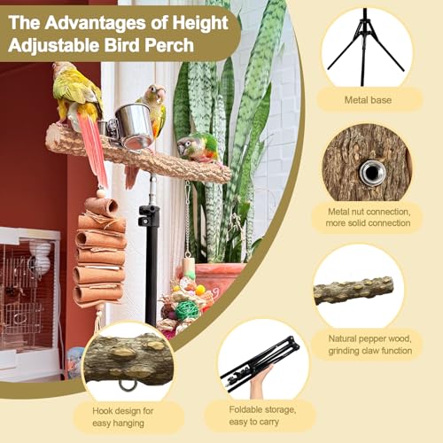 Image of 3-Layer 16-63 Inch Height Adjustable Bird Perch Pepper Wood Birds Training Perch Stand Parakeet Perches Indoor and Outdoor Parrot Stands for Small to Medium Bird