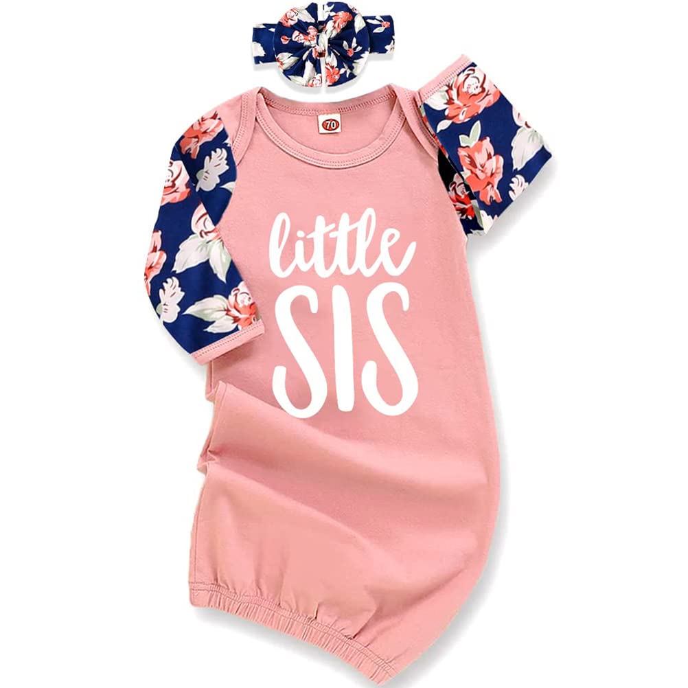 AMAWMW Newborn Baby Girl Little Sister Sleeper Gown Stripe Long Sleeve Nightgown Pajamas Gifts Stuff Essential Outfit A Pink Vintage Flower Navy Blue Sleeve 0-6 Months